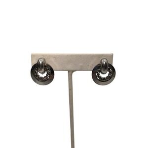 Vintage Signed‎ Delma Silver Tone Round Double Hoop Rope Screw Back Earrings